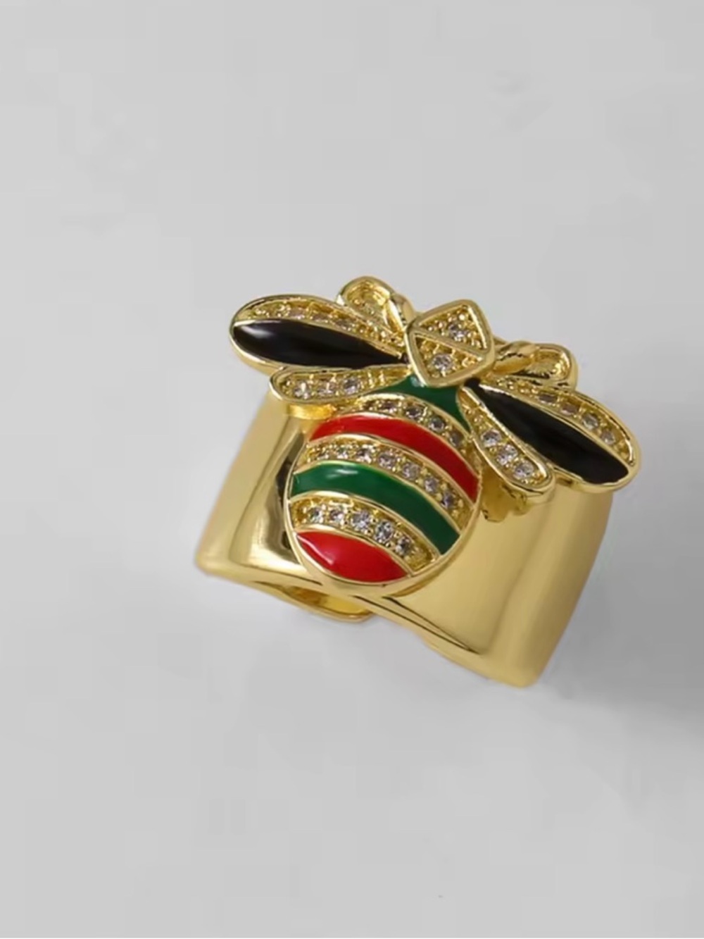 Anthropologie Gold Bee Ring with Red, Green and Black Enamel
